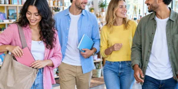 שתי נשים ושני גברים בוגרים הולכים יחד בחלל יצירה מואר כשבידיהם יומנים אישיים סגורים