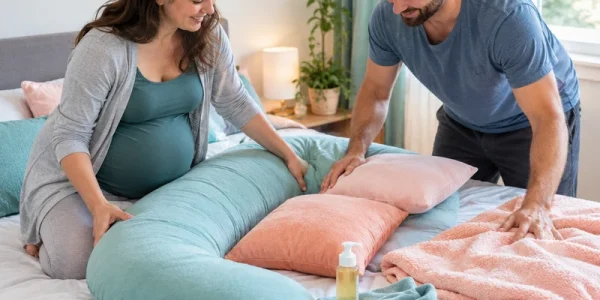 אישה בהיריון ובן זוגה מסדרים יחד כריות תמיכה, שמיכה ותכשיר עיסוי לקראת רגע נוח ואינטימי בבית
